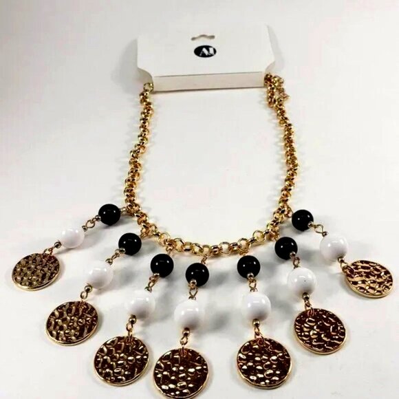 Gold Hammered Disc Charm Necklace w/ Black & White Beads – 22" Statement Jewelry - Picture 11 of 11